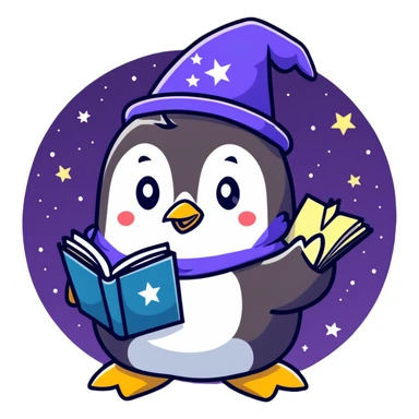 Cute penguin wizard with a flowing starry robe and magical spellbook sticker