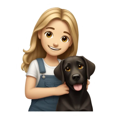 White cute girl with long ligth brown hair smiles, and dog like labrador black and white sticker