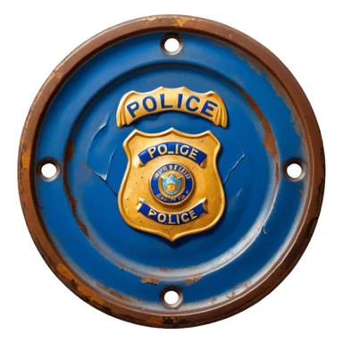 cinematic - aesthetic brilliant divine lighting, oil paint - antique police plate rusty, crumpled and broken sticker