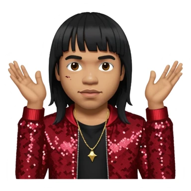 Anderson Paak with long platinum black hair with bang, dark red sequin outfit sticker