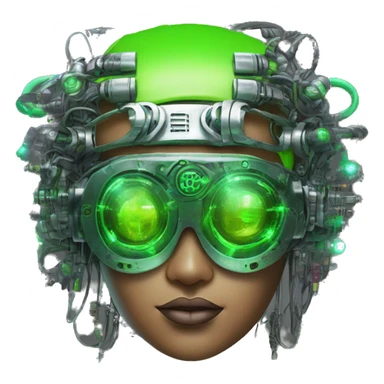 Neon green bobbed hair Latina female cyborg head with silver steampunk goggles and circuits sticker