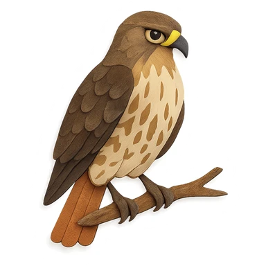 close-up of a red-tailed hawk perched on a branch, fine paper edges, intense gaze, brown and cream feather patterns, red tail sticker