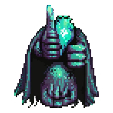 A shadowy hand emerging from a dark, mysterious cloak sleeve giving a thumbs up gesture. The hand is semi-gloved or ghost-like, with slight glowing accents or glitch particles. sticker