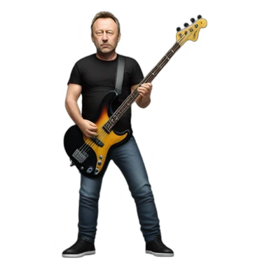 photo realistic Peter Hook, playing, black bass guitar, standing, full body, front view sticker