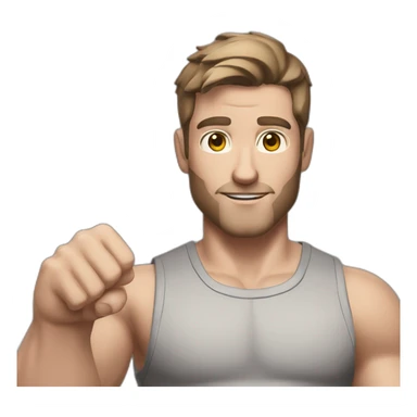 Close up Actively gesturing  with hands Pale skinned Fit Man With the biceps and brown hair in dark gray Sleeveless Mike, black oversize sports shorts, watch and white Sneakers sticker