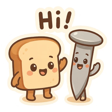 animated emoji of a bread and a nail greeting each other, cartoon style sticker