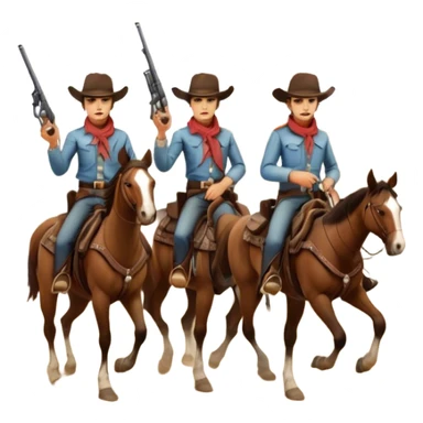 Icon for Western: A vintage movie poster-style design with cowboys on horseback, dusty desert landscape, and a setting sun. Include cowboy hats, revolvers, and an old saloon. The design should have bold typography and a retro cinematic feel. Transparent background. sticker