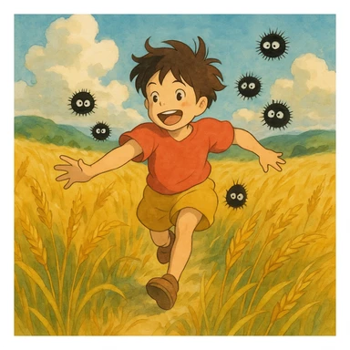 A child running through a golden wheat field, chased by playful dust spirits. sticker