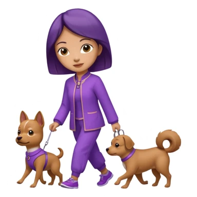 Chinese woman wearing purple outfit walking 1 small brown dog sticker