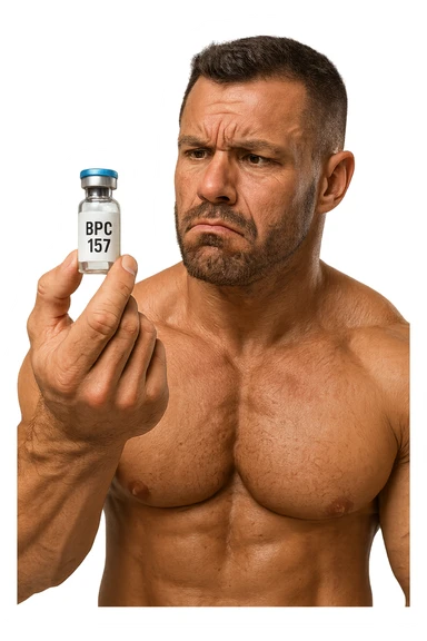 BODYBUILDER CHE TIENE IN MANO UNA FIALA MEDICA CON la scritta "BPC 157" SULL'ETICHETTA E LA GUARDA DUBBIOSO, iperrealistico 4k sticker