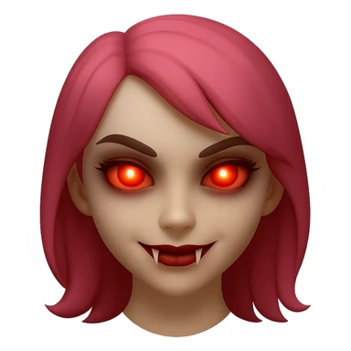 Make the character cute, not laughing, but add something to make her look scary such as fangs, glowing eyes, or a subtle sinister smile. She has pink hair, is a white girl, and has red eyes. Render in emoji style. sticker