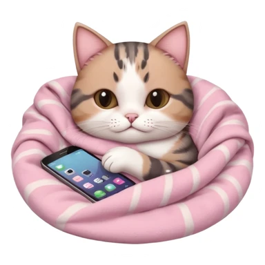 a cozy scene with a cute round-faced cat with brown and gray ears, snuggled in a soft pink blanket, holding a phone with a fishbone design, soft pink background, cat looks relaxed and comfortable, warm and inviting vibe sticker