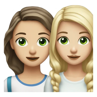 A brunette girl with green eyes making en cute picture with a blond girl with blue eyes and braces sticker