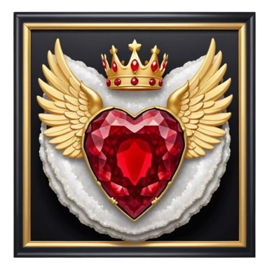 Big onyx geode with red rubby dots inside award-in-frame-decorated-with-big-golden-angel--wings and crown sticker