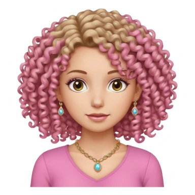 a girl with a tight pink shirt and curly hair with a little make up and pale ish tan skin with jewelry  sticker