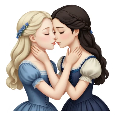 Two Victorian women sharing a gentle kiss, eyes closed, one with dark hair and one with light hair, both wearing modest dark Victorian dresses sticker