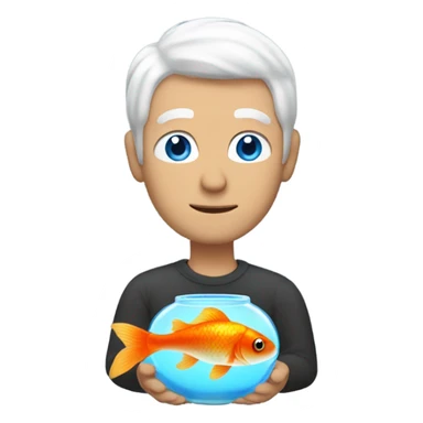 Man with white hair and blue eyes holding a goldfish sticker