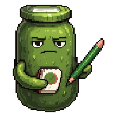 Make the pickle look suspicious while writing in a notepad, in pixel art style, with no background. sticker