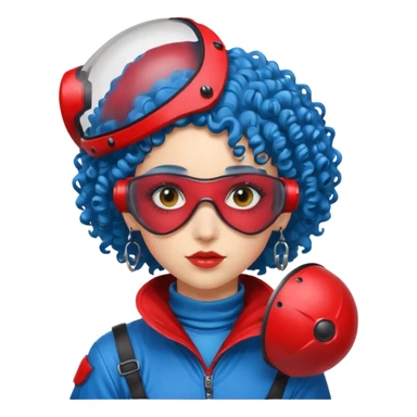 blue curly haired girl with huge earrings wearing red paintball helmet with eye protection, only face  sticker