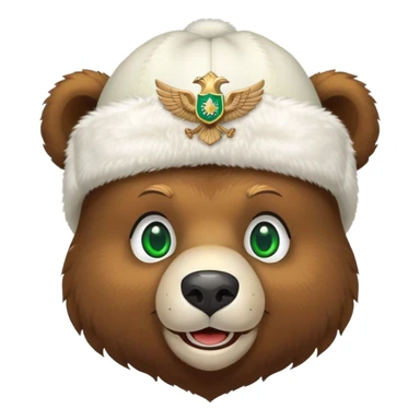 Smiling brown bear face with vivid green eyes, wearing traditional white ushanka hat featuring double-headed eagle emblem, Russian style sticker