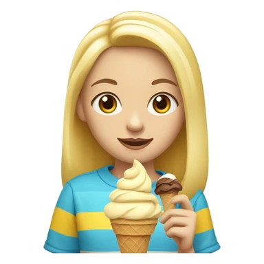 Girl with blonde hair, blue eyes, yellow striped shirt, holding vanilla ice cream cone sticker