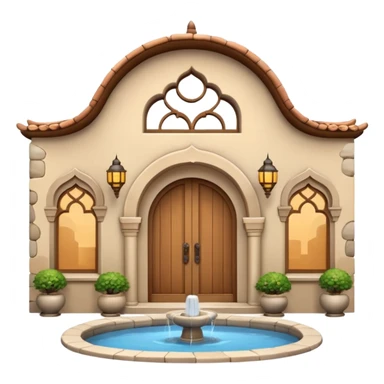 3D Apple-style emoji of a full traditional Turkish han. Rounded stone building with arched wooden doors and windows, small courtyard, fountain, arches, and hanging lanterns. Glossy, smooth, soft shadows, clean white background.






 sticker