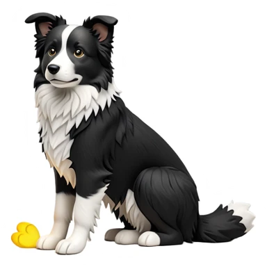 cinematic-[border collie dog]-realistic-full-body-sitting-emoji,-tail-resting-loosely-beside-its-paws,-head-tilted-dramatically,-scruffy-[black and white]-fur,-simplified-yet-realistic-focused-features,-highly-detailed,-glowing-with-an-almost-sarcastic-glow sticker