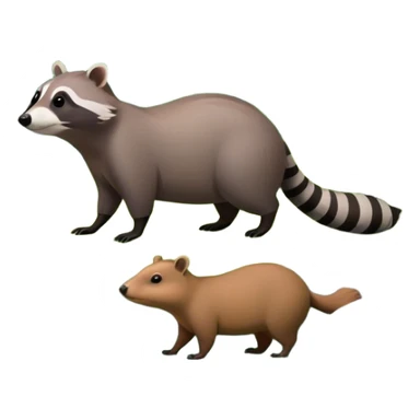 Collage of a raccoon and capybara in a lush, vibrant forest. The raccoon curiously looks around, while the capybara rests peacefully near a stream. The forest is full of green trees, leaves, and soft sunlight. A serene and natural background. sticker