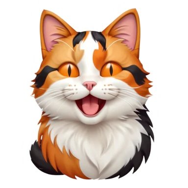 Cinematic Cute Yawning Calico Cat Portrait Emoji, Head tilted mid-yawn with a charming, relaxed expression, showcasing a soft patchwork fur of vibrant orange, black, and white, simplified yet irresistibly adorable, highly detailed, glowing with a cozy, gentle radiance, high shine, exuding sleepy yet endearing charm, styled with a soft glowing outline, capturing the essence of a calico cat caught in a delightful yawn that seems ready to cuddle up for a nap! sticker
