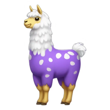 a purple llama with white spots with a yellow and blue mat sticker