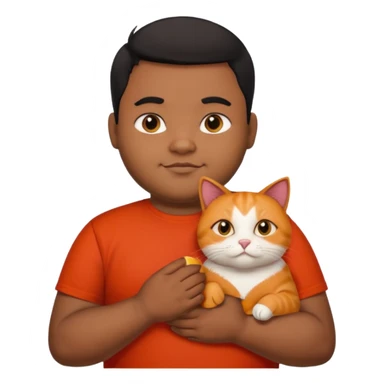 Indian black chubby guy with black middle parted hair in red t-shit with orange cat, age-24 sticker