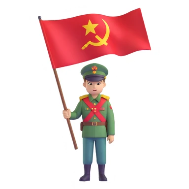 military boy in Soviet green uniform holding a red flag with "9 мая" sticker