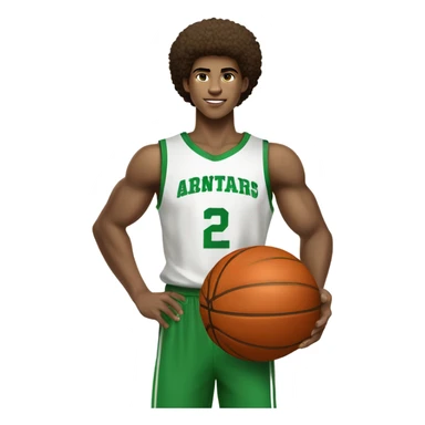 Afro light-skinned muscular  skinned male teenager in a green basketball uniform holding a basketball.  sticker