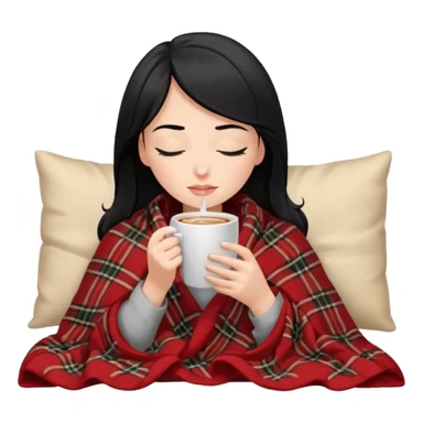 White girl brunette with black hair inside a blanket sipping coffee eyes closedemoji sticker