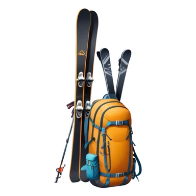 Icon for Mountain Tourism: a snowy peak landscape with skis, a snowboard, climbing equipment, a backpack and a camera. The icon should represent the adventure and excitement of mountain travel and outdoor exploration. Transparent background. sticker