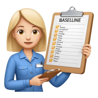 Emoji-style character holding clipboard with checklist: “1. Know baseline 2. Track 30 days 3. Play offense”, background with upward financial graph sticker