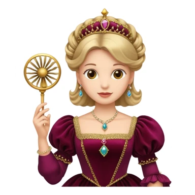 An emoji portrait of a Renaissance Italian princess. She wears a sumptuous velvet gown with a square neckline and puffed sleeves. Her hair is styled with a jeweled ferronnière, and her expression is poised and intelligent. She is holding a small, delicate fan. sticker