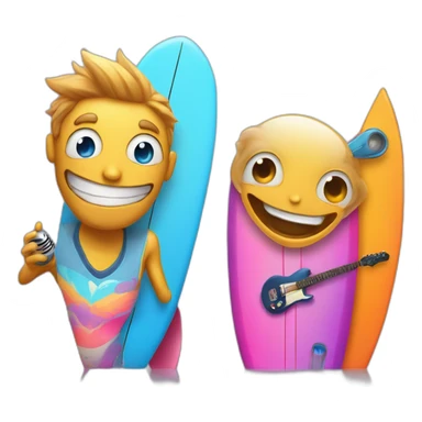 (A surfboard Cartoon Blue and orange smiling) and a (microphone Cartoon Blue and pink with butterfly) sticker