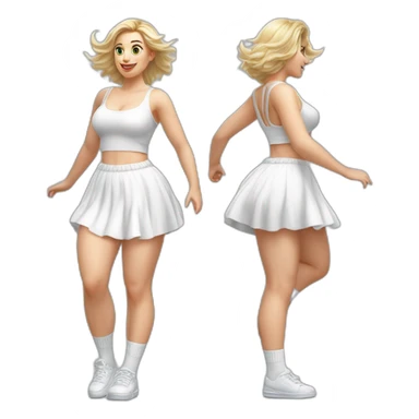 Hyperrealistic Full body Caucasian curvy beauty jumping short white skirt back and front views strong wind knickers long white socks sticker