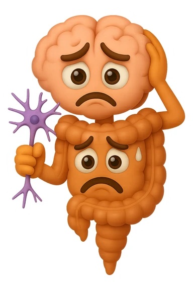 EMOJI STILE IPHONE DI UN INTESTINO collegato verticalmente ad un cervello mentre tiene in mano un neurone, espressione stressata, IPERREALISTICO 4K sticker