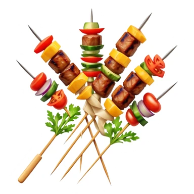 Cinematic Realistic Shish Kebab Dish Emoji, showcasing skewered, grilled meat with vibrant vegetables rendered with dynamic textures and warm, inviting lighting. sticker