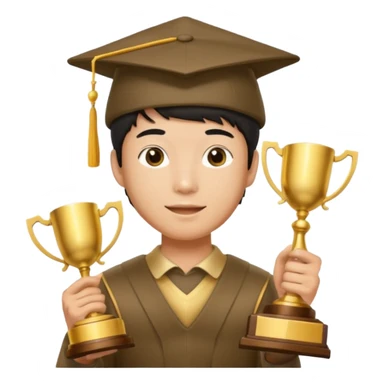 An asian man wearing student hat, holding a trophey sticker