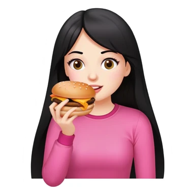White girl in pink clothes and long black hair eating burger and pizza sticker