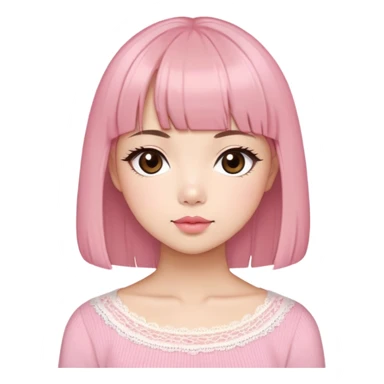 Cute East Asian girl, soft fair skin with blush on cheeks, big brown eyes with long lashes, natural pink lips, inward brown bob with straight bangs. Wearing a stylish pink knit top with ribbon details and subtle lace trim, holding a abyssinian sticker