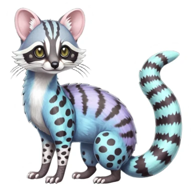 Feral Rare Fantasy iridescent scaly shaded detailed deep pastel-gradients-colored colorful Genet-Trico-Civet-Cacomistle-Margay-species by LiLaiRa, with dark-blackish points, white belly, random markings, tufted tail, tufted ears, full body sticker