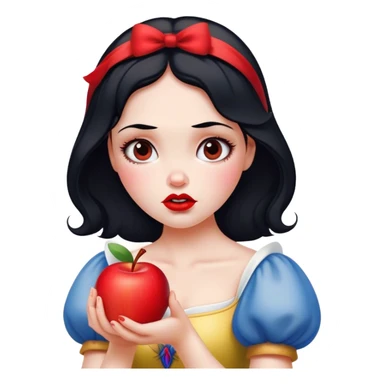 Cinematic Funny Snow White Portrait Emoji, Holding an apple with a suspicious expression, one eyebrow raised, lips pursed as if questioning her life choices, a hilariously relatable fairy tale moment! sticker