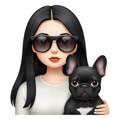 girl with long black  straight hair  and Wearing sunglasses and a black French bulldog sticker