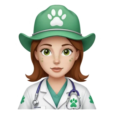Pale Woman with brown hair and green eyes and freckles on her cheek bones wearing scrubs that have a paw print logo on only the scrubs  and a cow girl hat sticker
