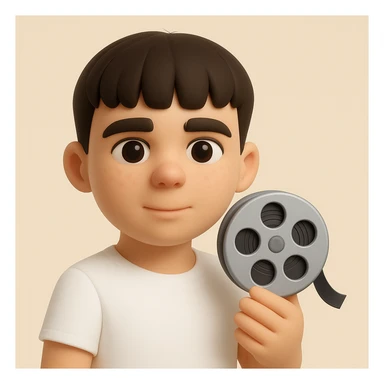 Create a 3D emoji style image of this person, slimmer build, wearing a white shirt, holding a cinema symbol such as a film reel or clapperboard. The style should emulate the microsoft style 3d fluent emojis with a focus on 3D emoji characteristics. sticker