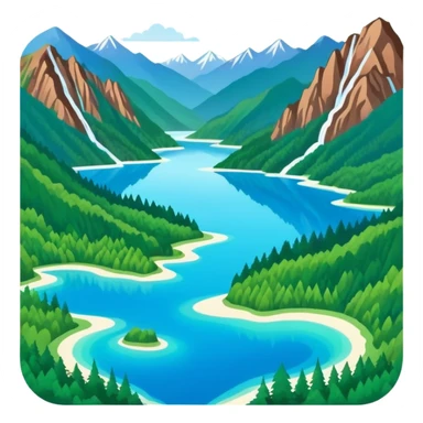 Jiuzhaigou Valley colorful lakes, simplified emoji style with bold outlines and bright colors, cartoon style blue water with mountains sticker